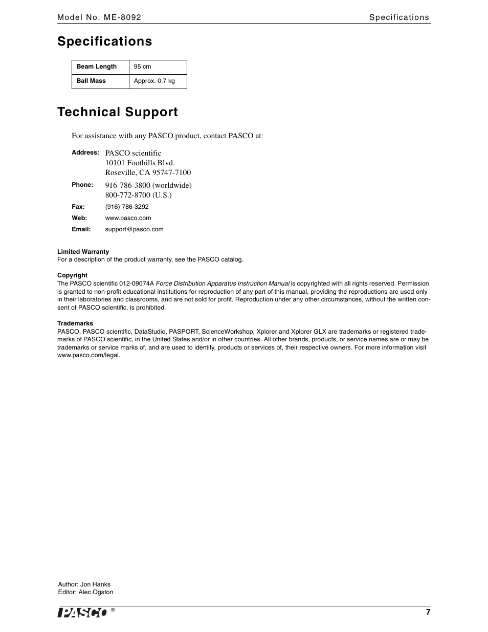 Specifications, Technical support, Limited warranty | Copyright, Trademarks, Specifications technical support | PASCO ME-8092 Force Distribution Apparatus User Manual | Page 7 / 7
