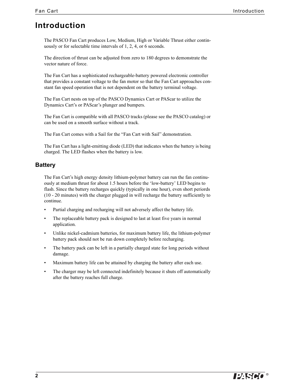 Introduction | PASCO ME-6977 Fan Cart User Manual | Page 2 / 7
