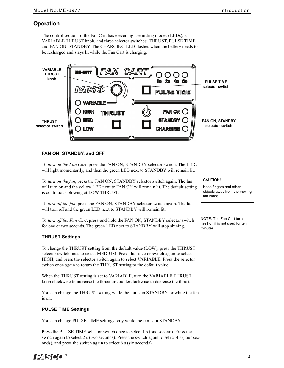 Operation | PASCO ME-6977 Fan Cart User Manual | Page 3 / 7