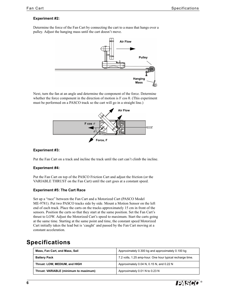 Specifications | PASCO ME-6977 Fan Cart User Manual | Page 6 / 7
