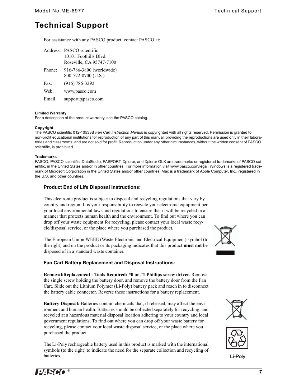 Technical support | PASCO ME-6977 Fan Cart User Manual | Page 7 / 7