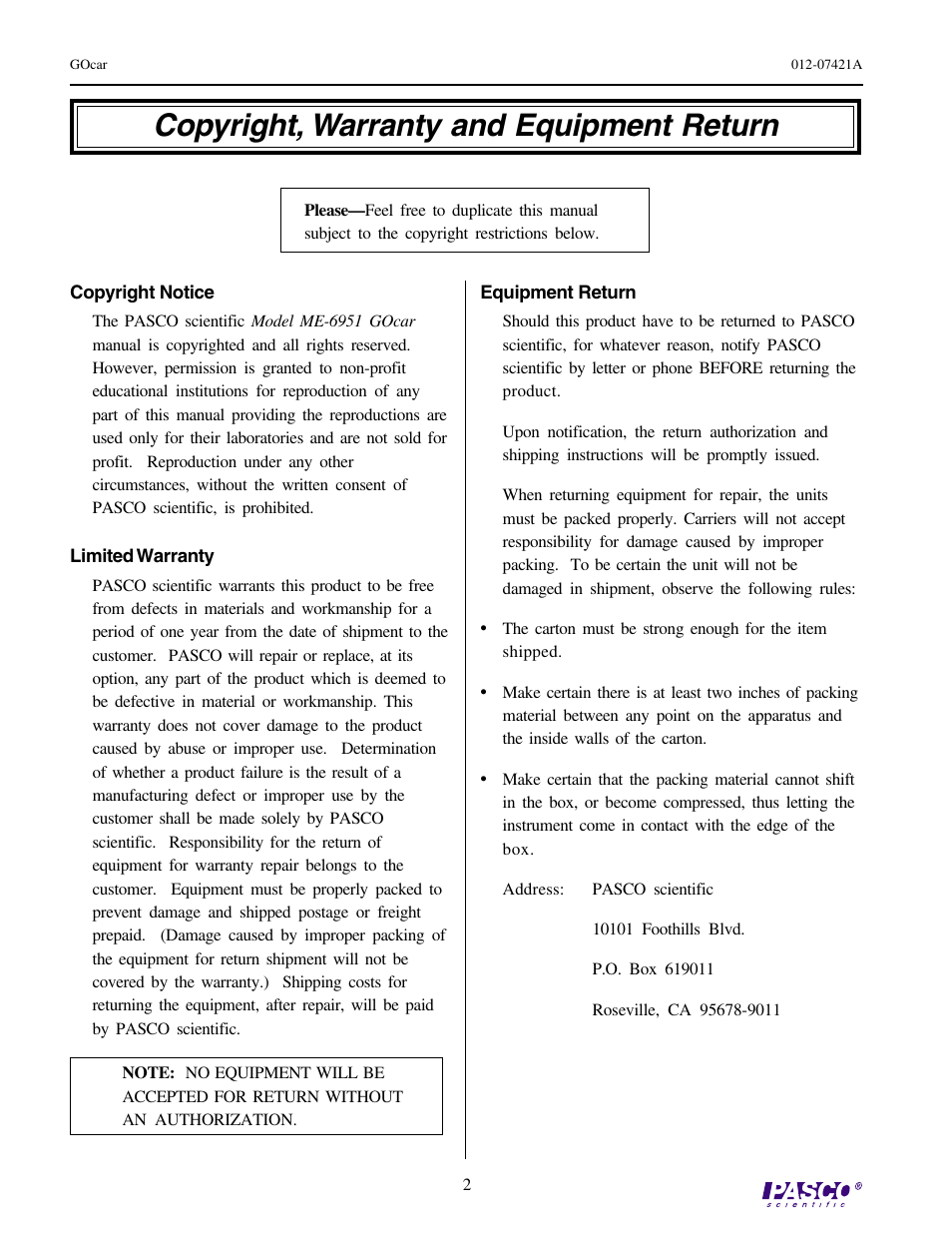 Copyright, warranty and equipment return | PASCO ME-6951 GOcar User Manual | Page 2 / 2