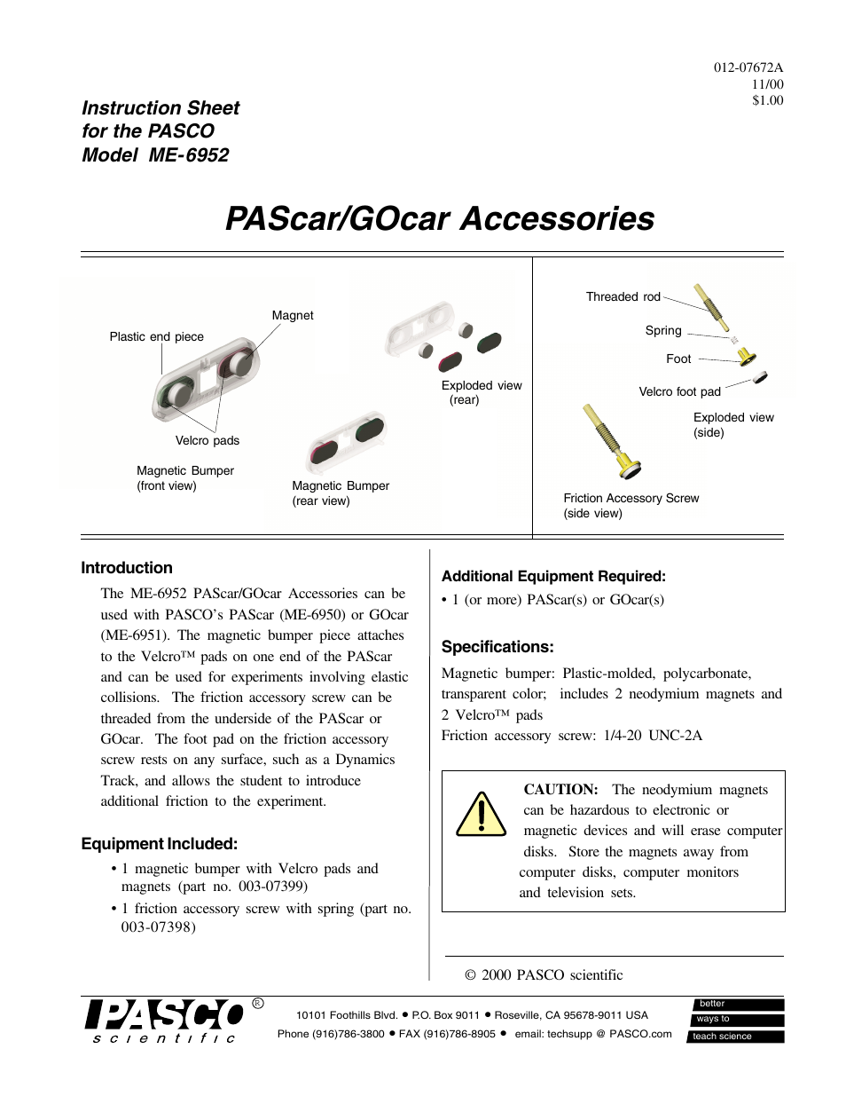 PASCO ME-6952 PAScar_GOcar Accessories User Manual | 2 pages