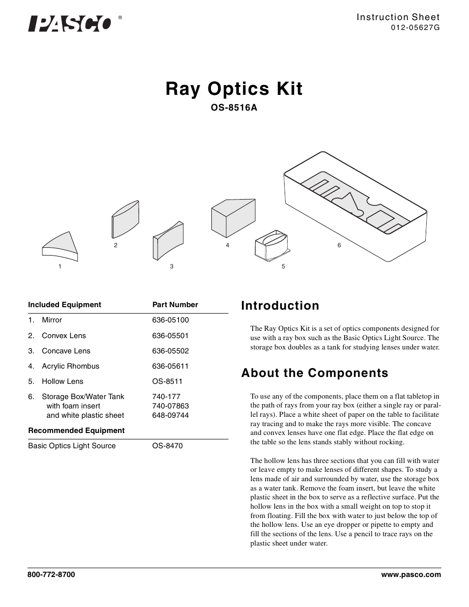 PASCO OS-8516A Ray Optics Kit User Manual | 2 pages