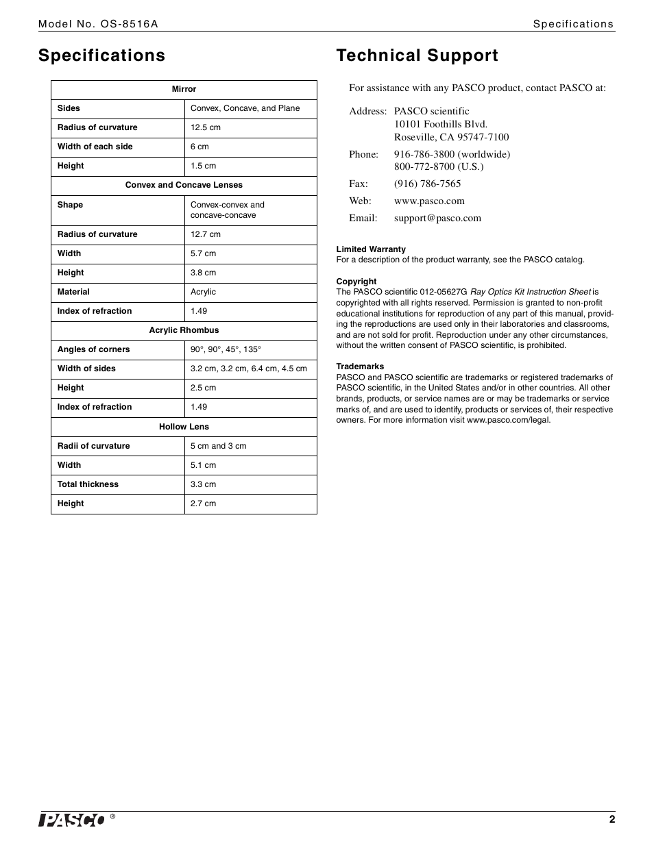 Specifications technical support | PASCO OS-8516A Ray Optics Kit User Manual | Page 2 / 2
