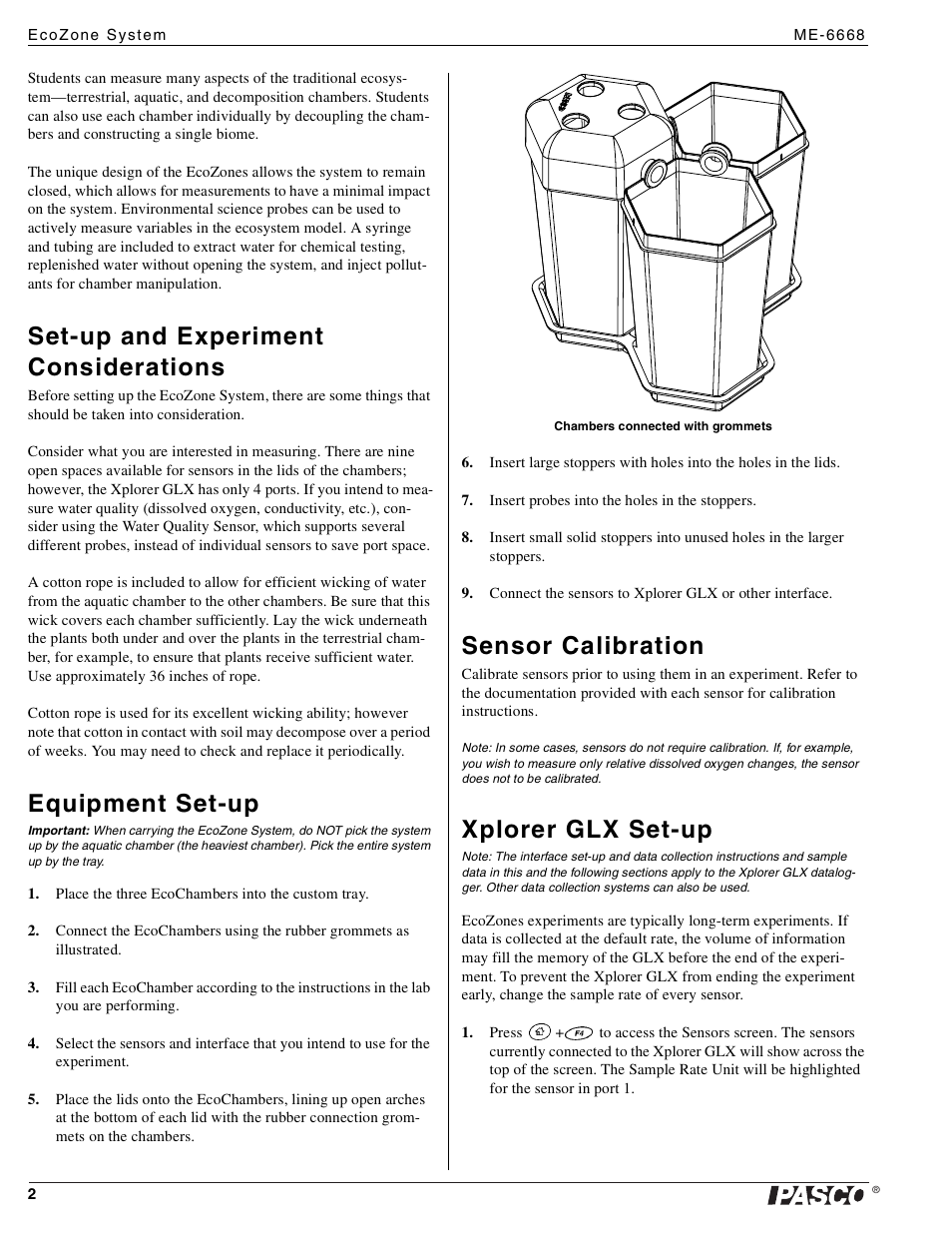 Set-up and experiment considerations, Equipment set-up, Sensor calibration | Xplorer glx set-up | PASCO ME-6668 EcoZone System User Manual | Page 2 / 3