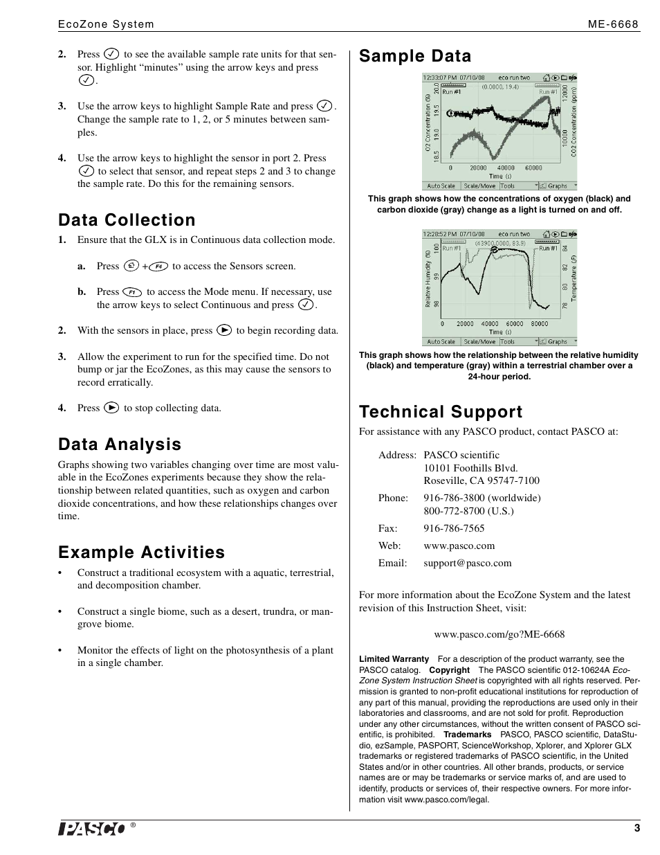 Data collection, Data analysis, Example activities | Sample data, Technical support | PASCO ME-6668 EcoZone System User Manual | Page 3 / 3