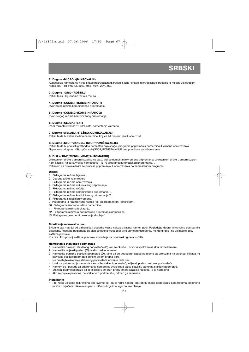 Srbski | Vitek VT-1687 Lacerta User Manual | Page 67 / 120