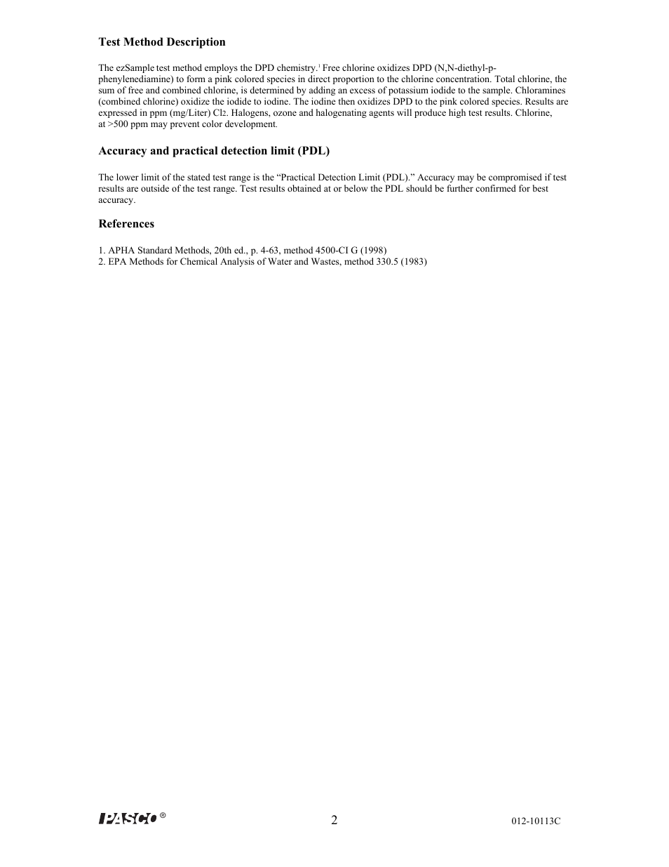 Test method description, Accuracy and practical detection limit (pdl), References | PASCO EZ-2339 Chlorine ezSample User Manual | Page 2 / 2