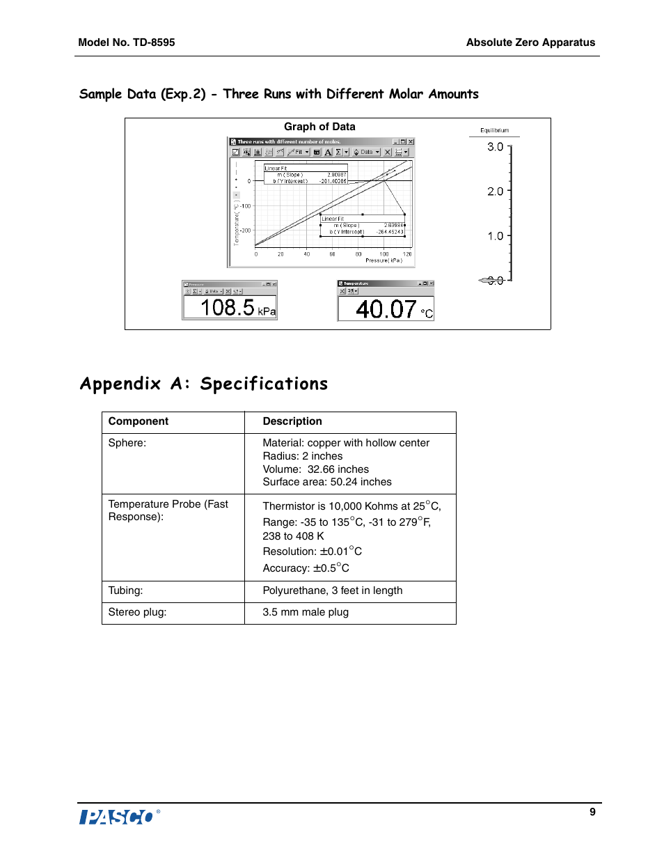 Appendix a: specifications | PASCO TD-8595 Absolute Zero Apparatus User Manual | Page 10 / 14