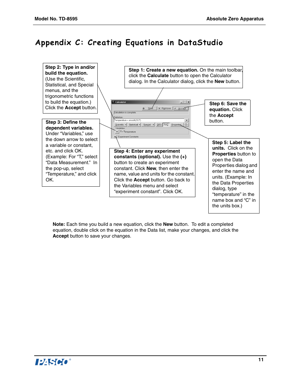 Appendix c: creating equations in datastudio | PASCO TD-8595 Absolute Zero Apparatus User Manual | Page 12 / 14