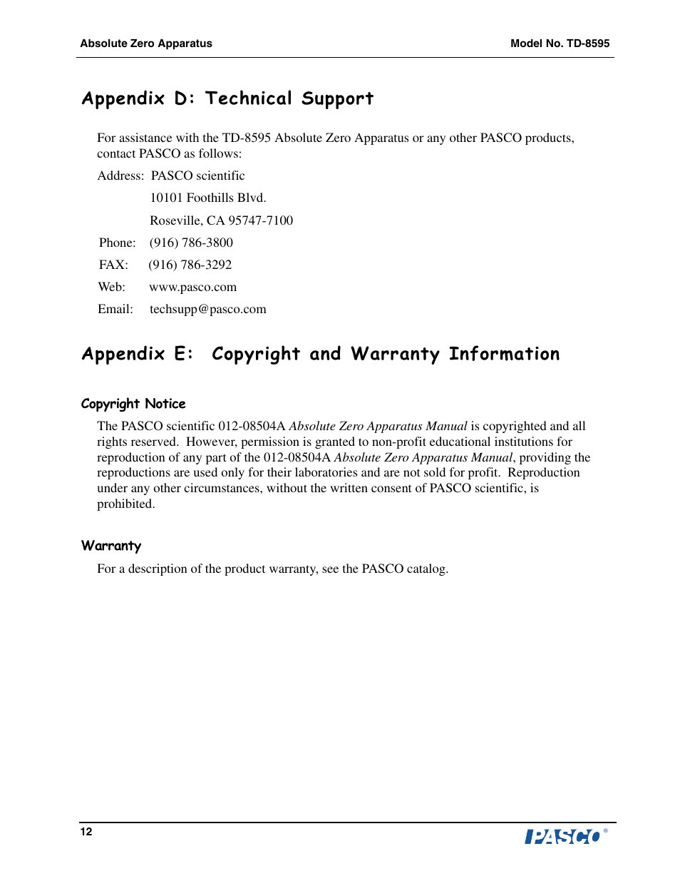 Appendix d: technical support, Appendix e: copyright and warranty information | PASCO TD-8595 Absolute Zero Apparatus User Manual | Page 13 / 14