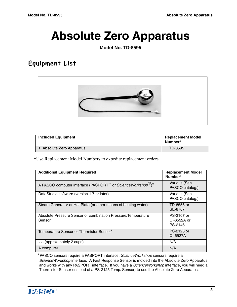 Absolute zero apparatus, Equipment list | PASCO TD-8595 Absolute Zero Apparatus User Manual | Page 4 / 14