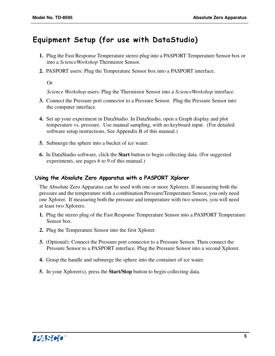 Equipment setup (for use with datastudio) | PASCO TD-8595 Absolute Zero Apparatus User Manual | Page 6 / 14