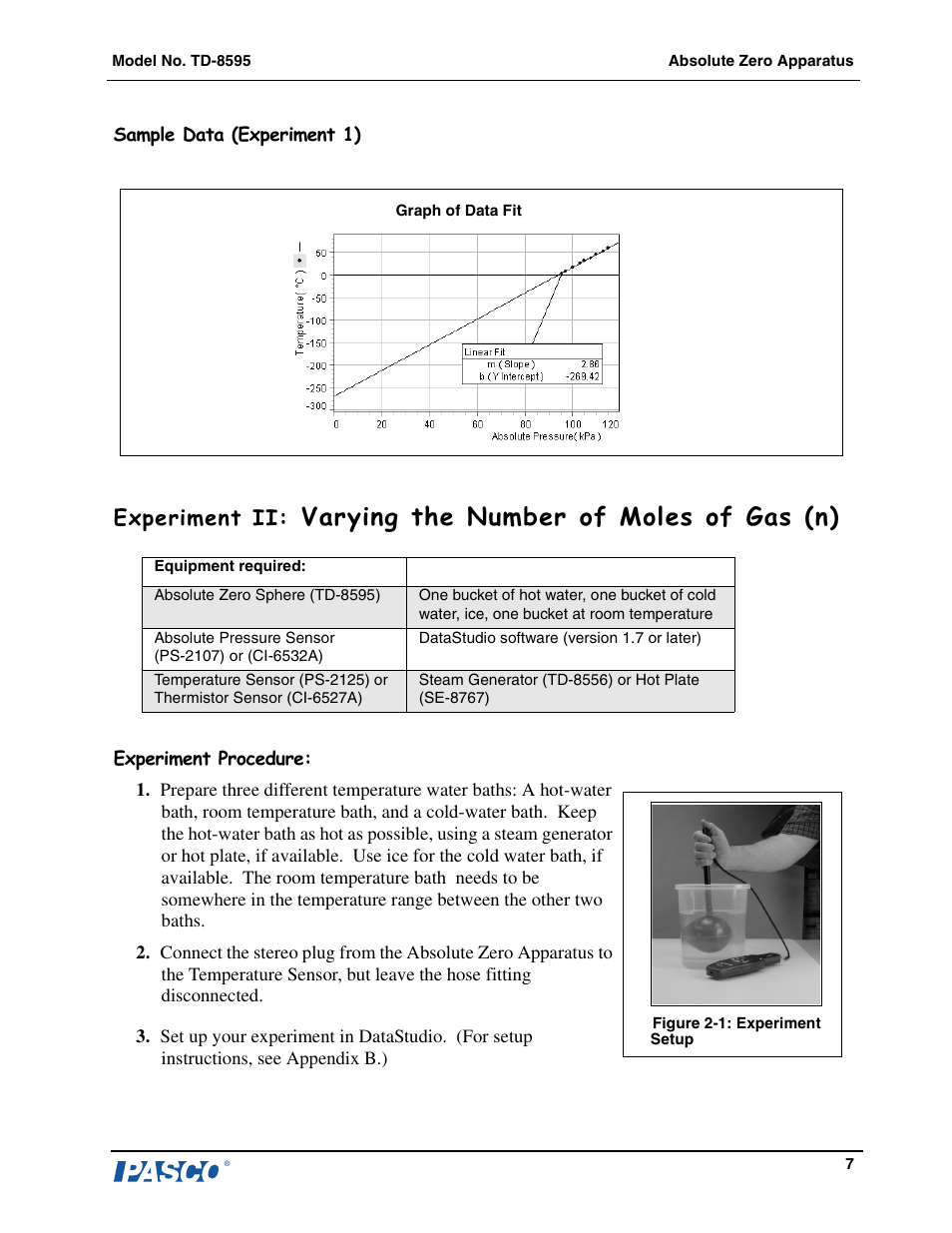 Varying the number of moles of gas (n), Experiment ii | PASCO TD-8595 Absolute Zero Apparatus User Manual | Page 8 / 14