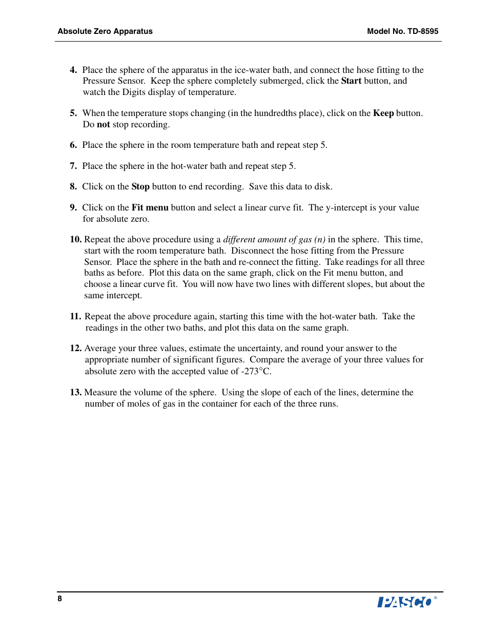 PASCO TD-8595 Absolute Zero Apparatus User Manual | Page 9 / 14