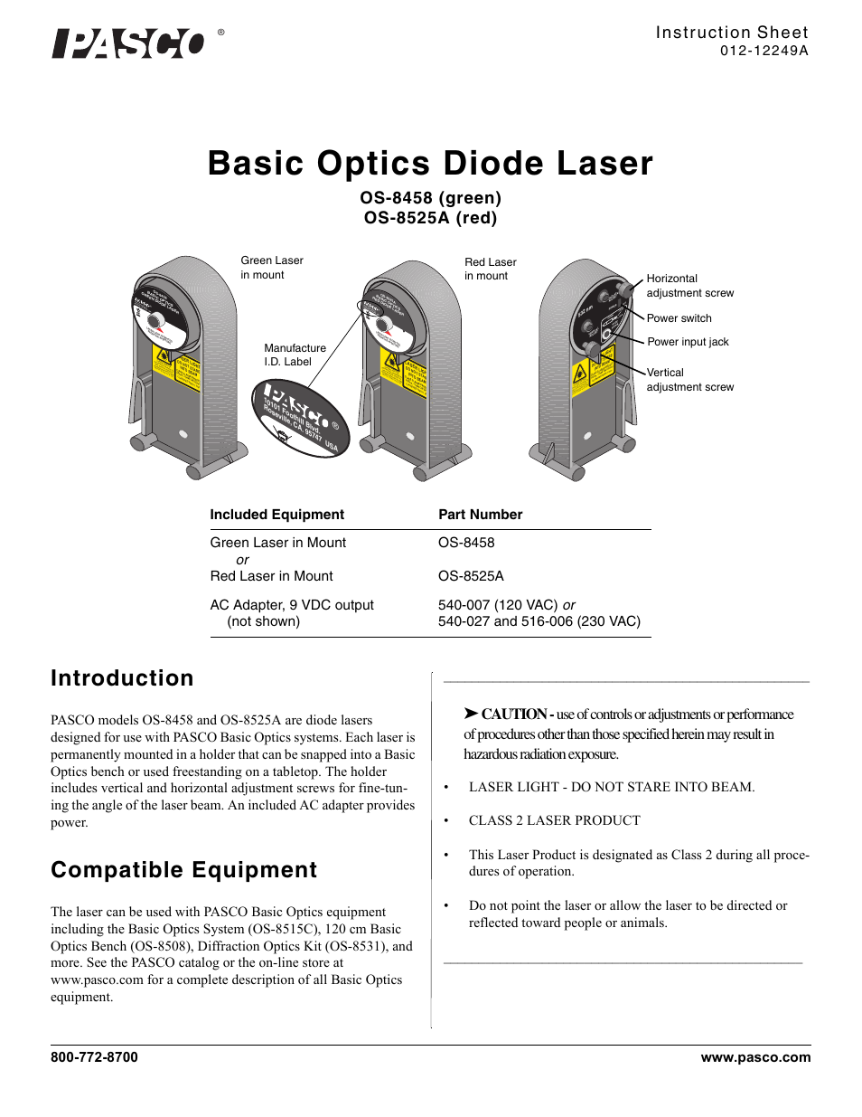 PASCO OS-8525A Basic Optics Diode Laser User Manual | 2 pages
