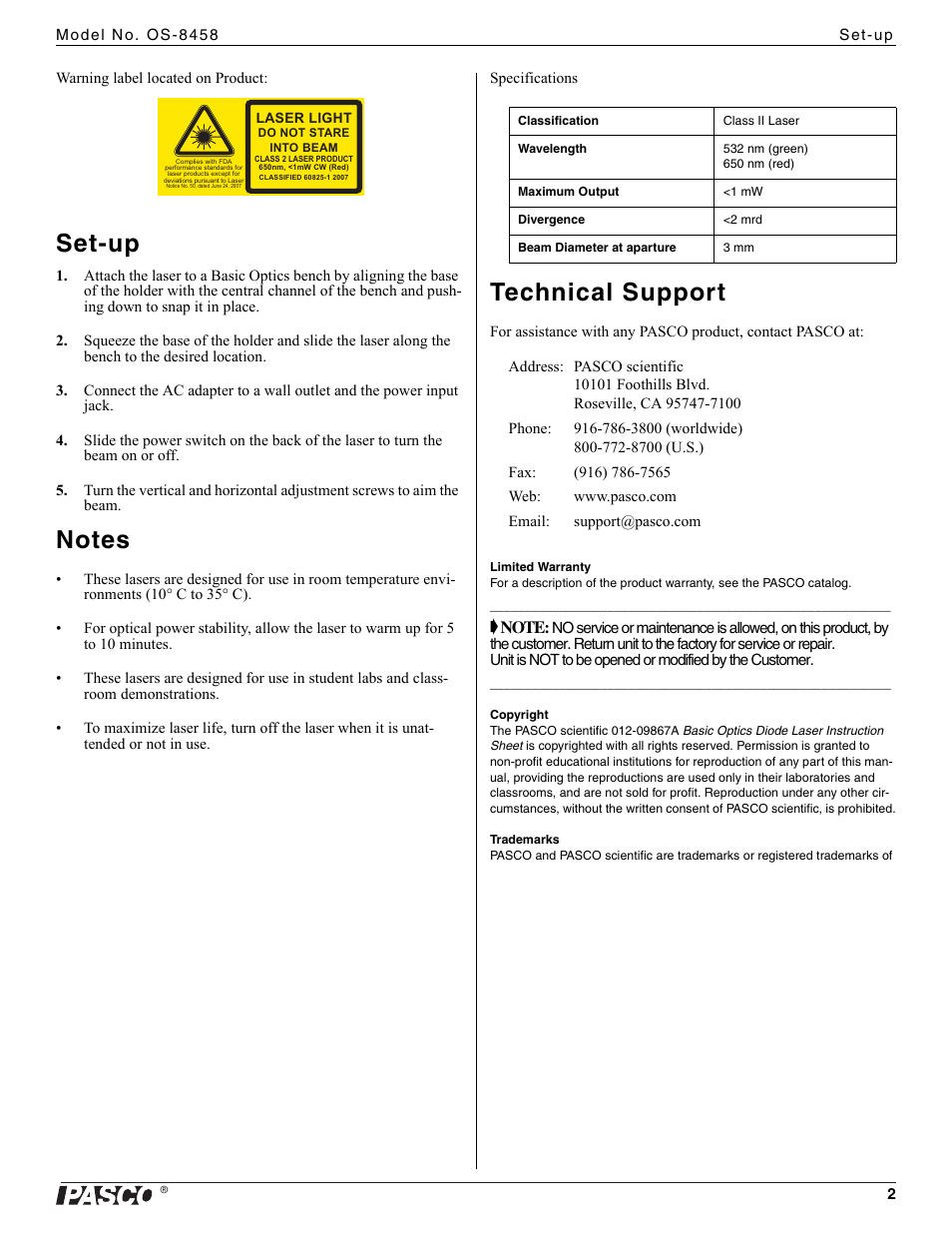 Set-up, Technical support | PASCO OS-8525A Basic Optics Diode Laser User Manual | Page 2 / 2