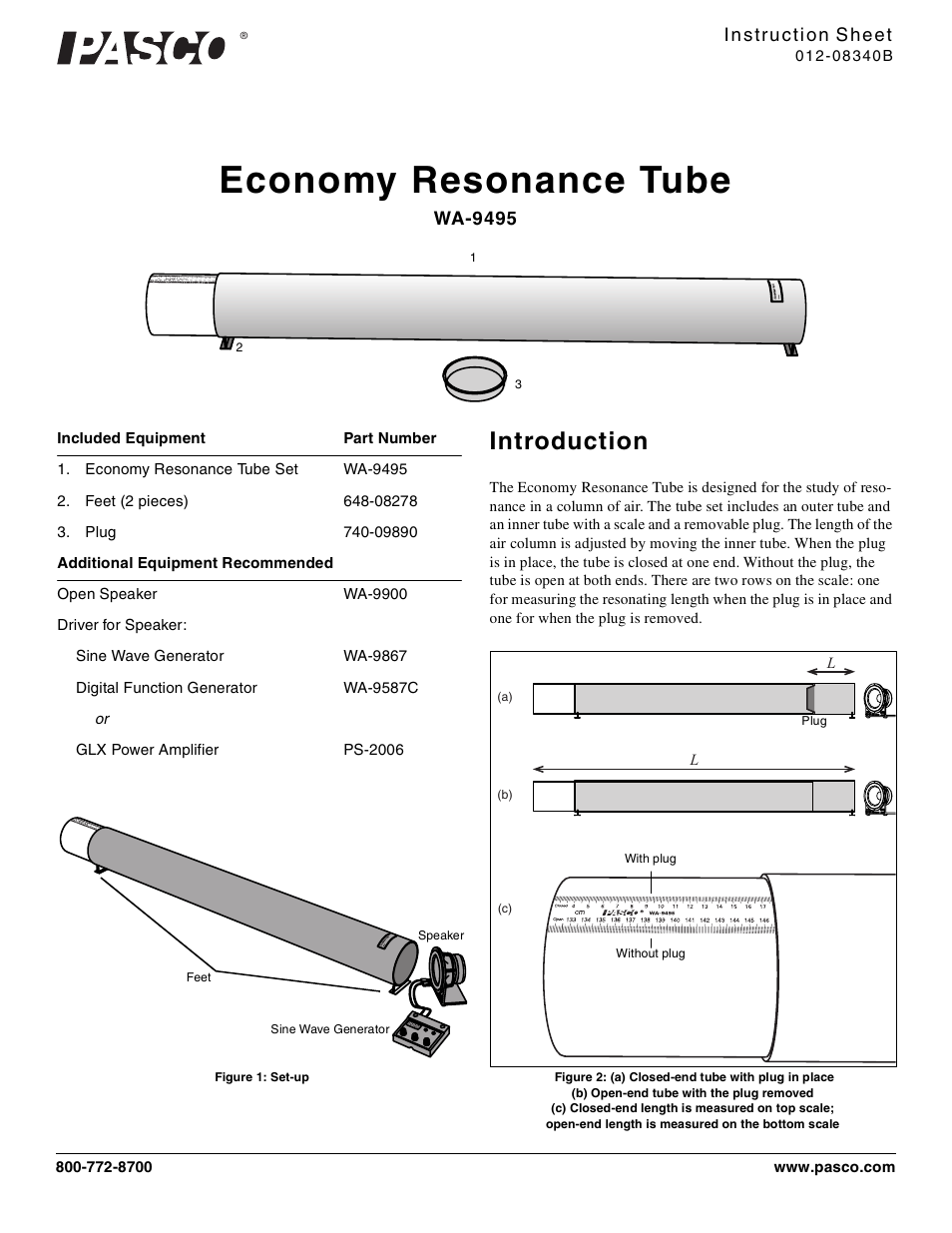 PASCO WA-9495 Economy Resonance Tube User Manual | 2 pages