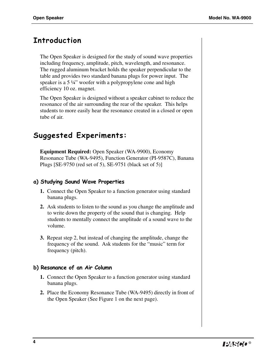 Introduction, Suggested experiments | PASCO WA-9900 Open Speaker User Manual | Page 5 / 8