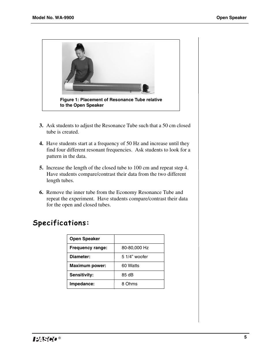 Specifications | PASCO WA-9900 Open Speaker User Manual | Page 6 / 8