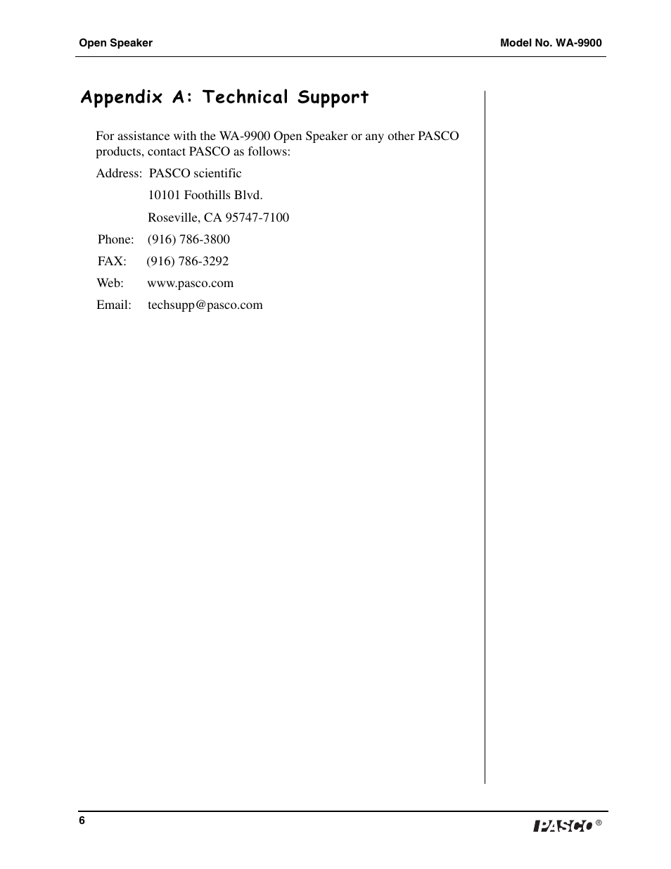 Appendix a: technical support | PASCO WA-9900 Open Speaker User Manual | Page 7 / 8