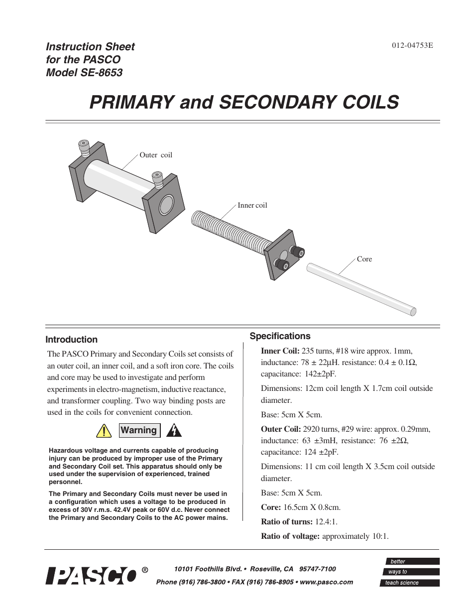 PASCO SE-8653 PRIMARY and SECONDARY COILS User Manual | 2 pages