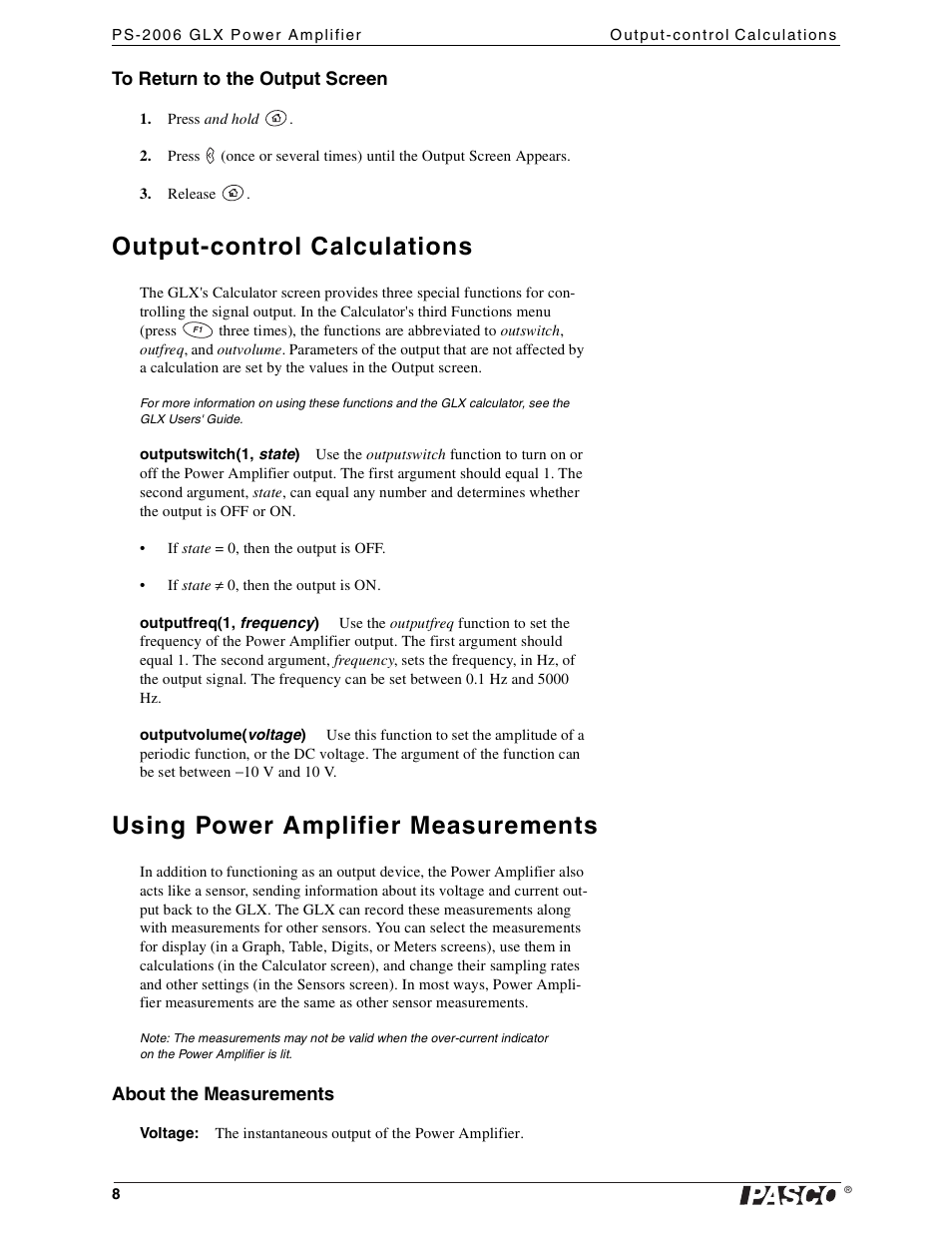 To return to the output screen, Output-control calculations, Using power amplifier measurements | About the measurements | PASCO PS-2006 GLX Power Amplifier User Manual | Page 10 / 25
