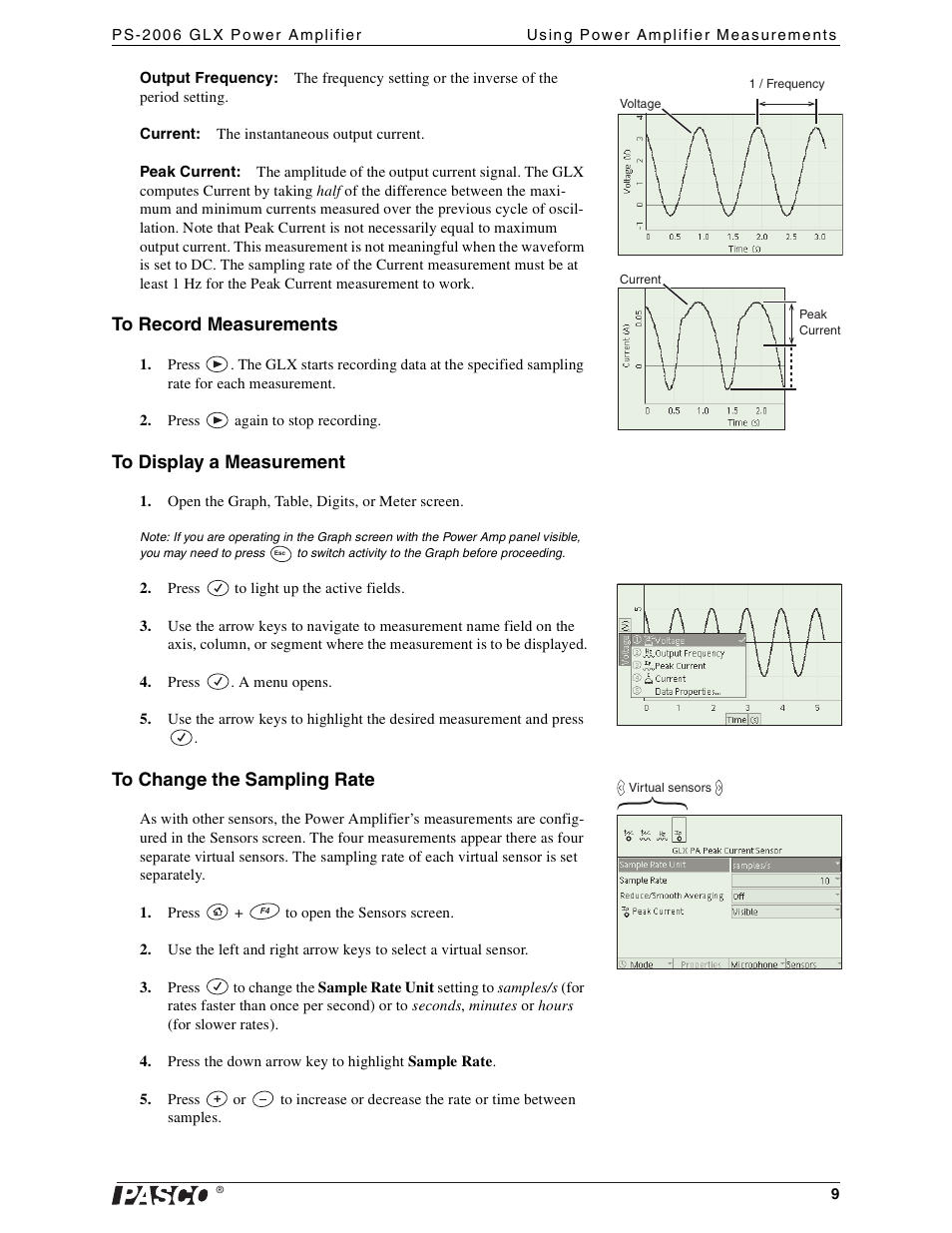 To record measurements, To display a measurement, To change the sampling rate | PASCO PS-2006 GLX Power Amplifier User Manual | Page 11 / 25