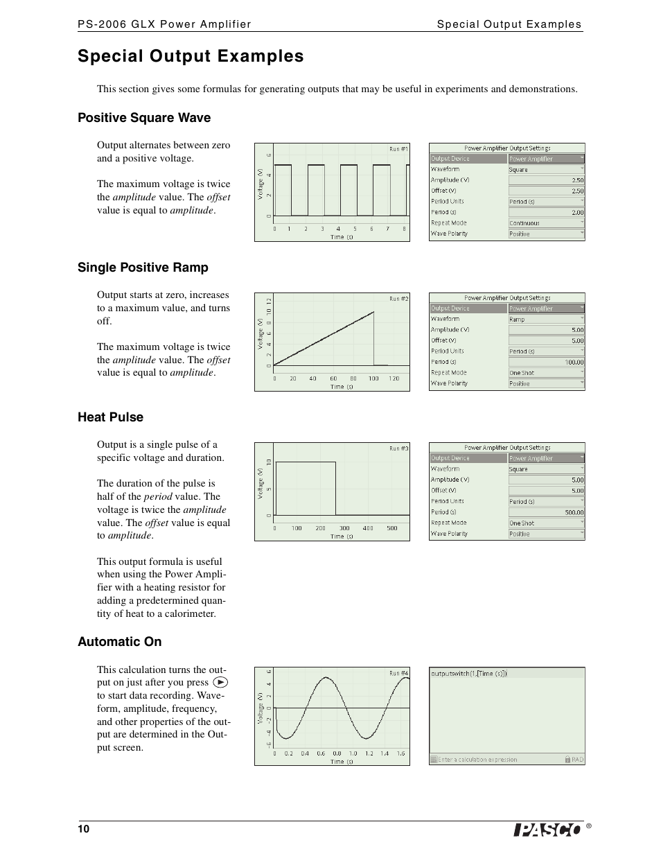 Special output examples, Positive square wave, Single positive ramp | Heat pulse, Automatic on | PASCO PS-2006 GLX Power Amplifier User Manual | Page 12 / 25