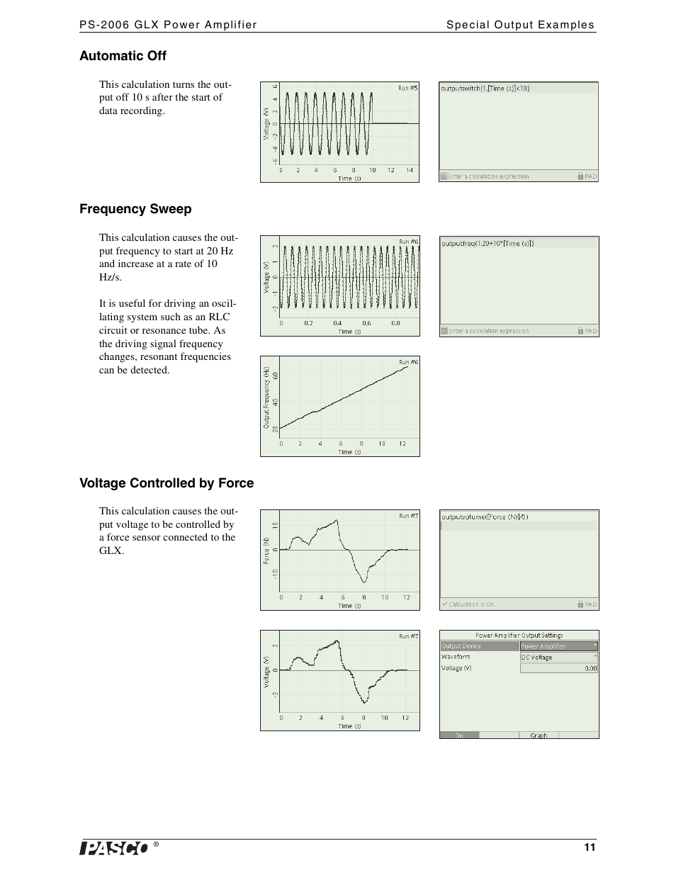 Automatic off, Frequency sweep, Voltage controlled by force | PASCO PS-2006 GLX Power Amplifier User Manual | Page 13 / 25