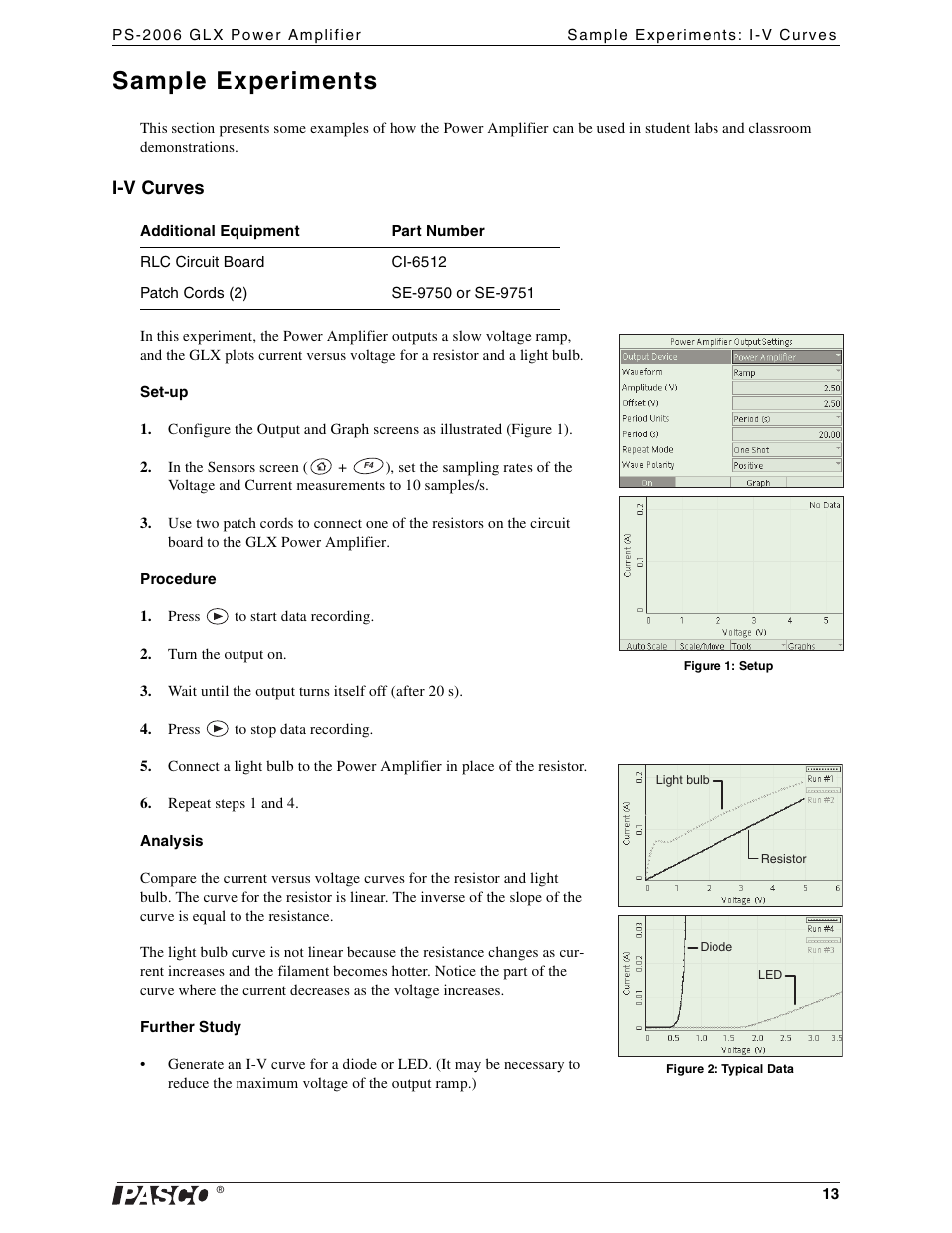 Sample experiments, I-v curves | PASCO PS-2006 GLX Power Amplifier User Manual | Page 15 / 25