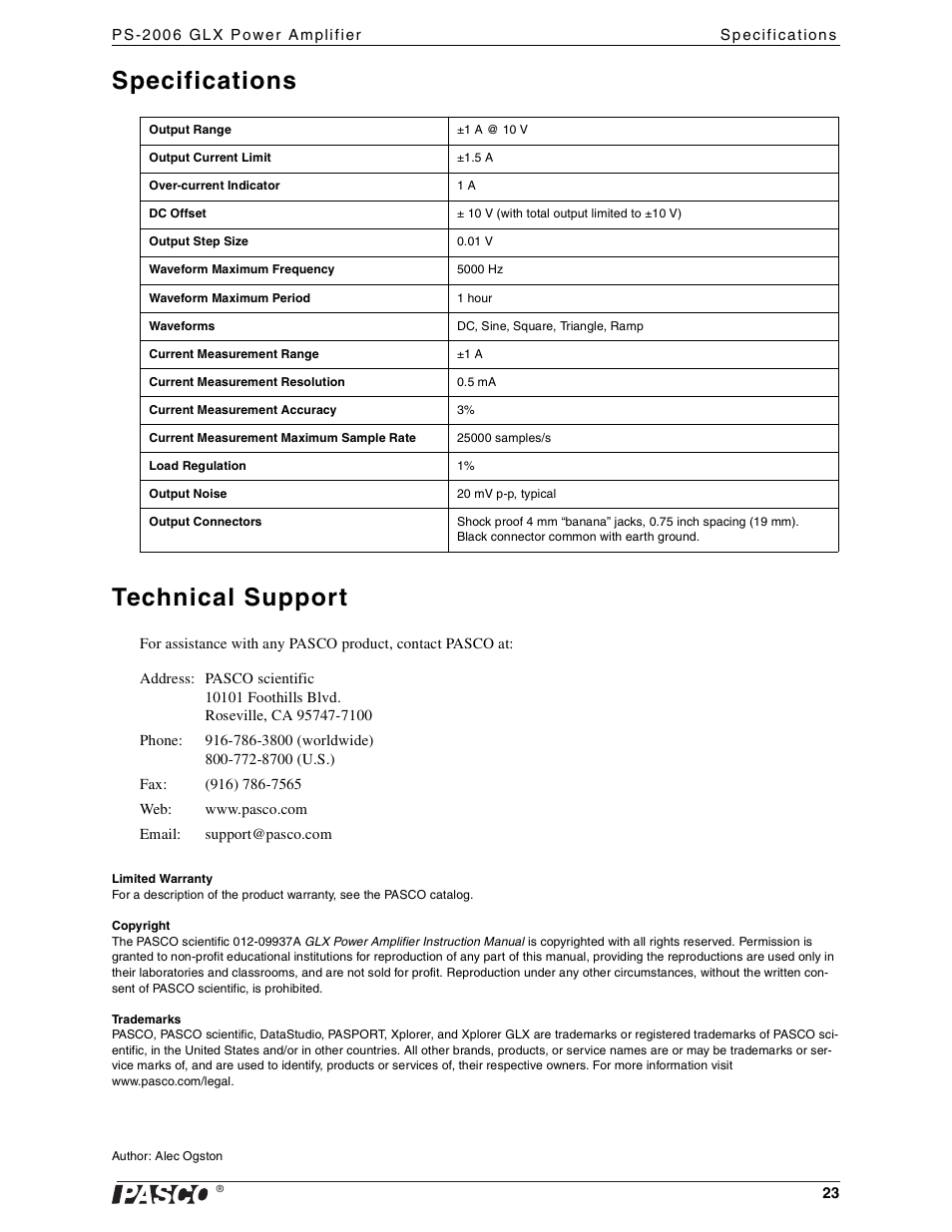 Specifications, Technical support, Limited warranty | Copyright, Trademarks, Specifications technical support | PASCO PS-2006 GLX Power Amplifier User Manual | Page 25 / 25