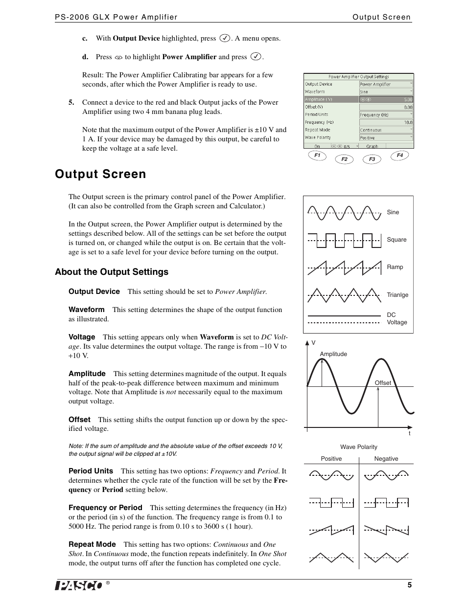 Output screen, About the output settings | PASCO PS-2006 GLX Power Amplifier User Manual | Page 7 / 25