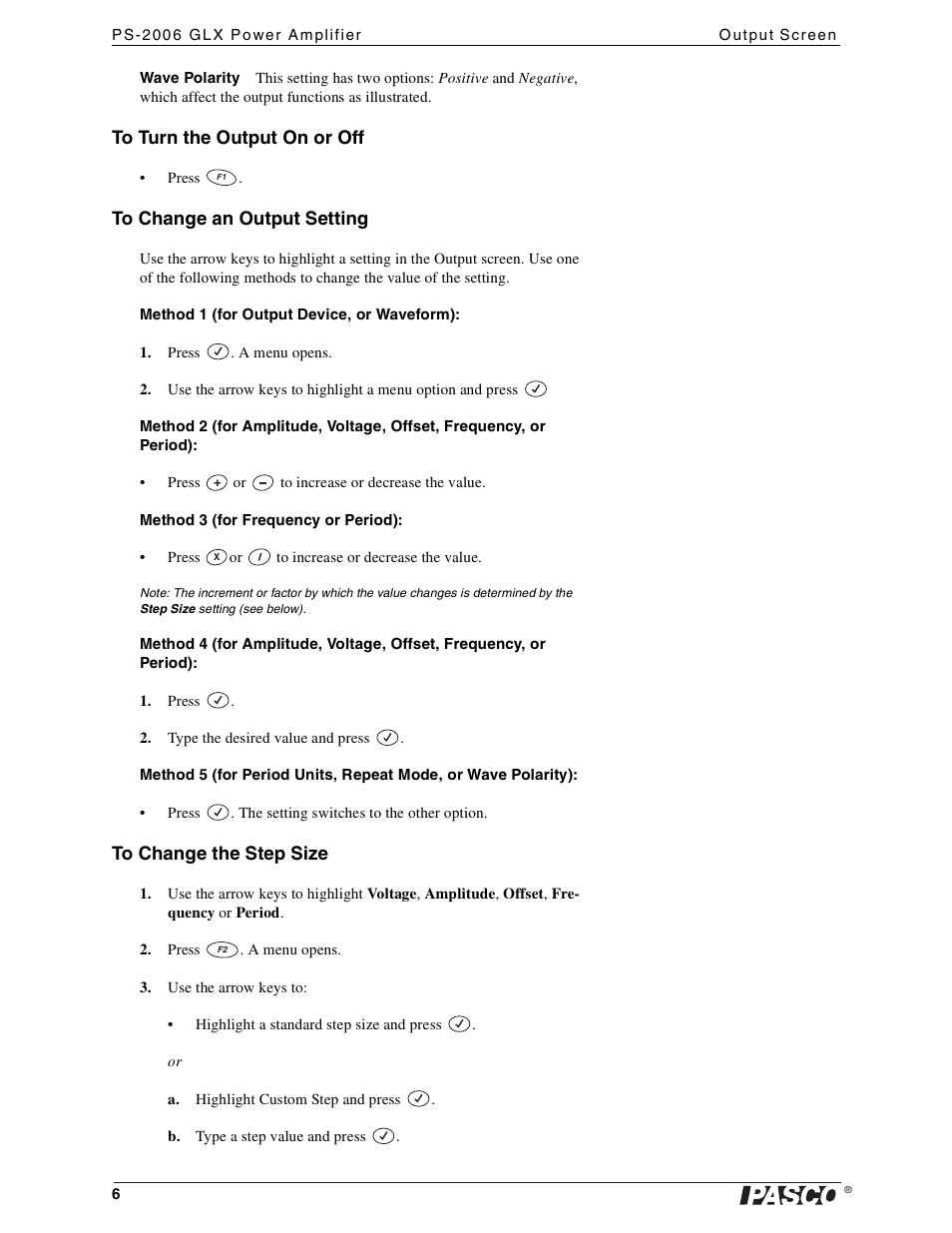 To turn the output on or off, To change an output setting, To change the step size | PASCO PS-2006 GLX Power Amplifier User Manual | Page 8 / 25