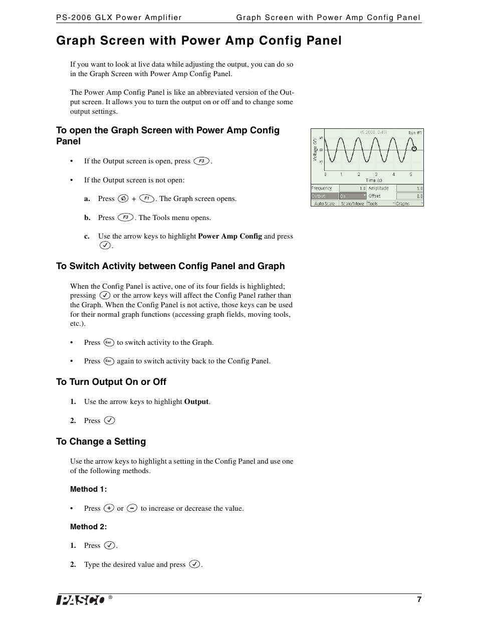 Graph screen with power amp config panel, To switch activity between config panel and graph, To turn output on or off | To change a setting | PASCO PS-2006 GLX Power Amplifier User Manual | Page 9 / 25