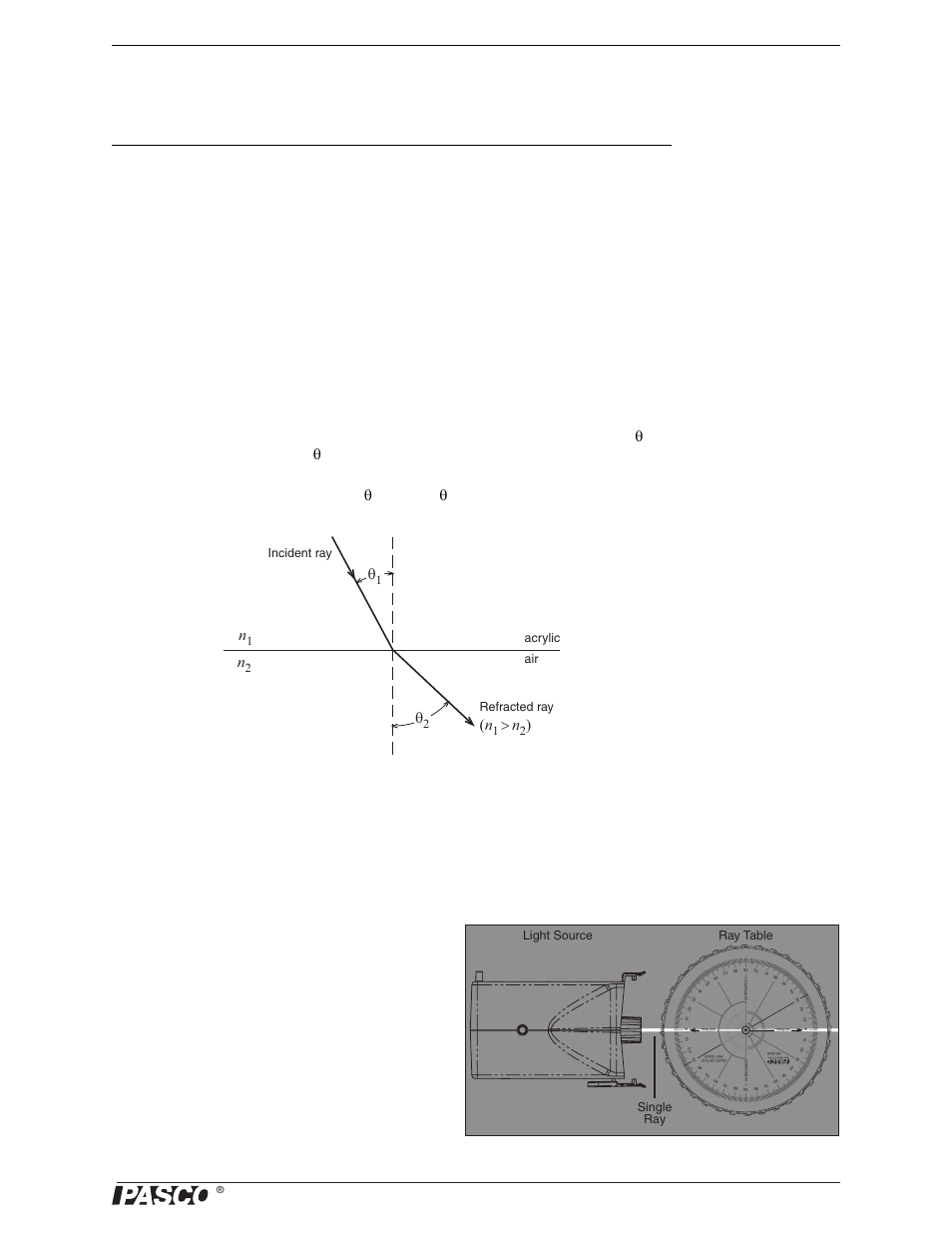 Experiment 11: dispersion, Purpose, Theory | Setup, The index of refraction of the second medium ( n, The angle of incidence ( θ, And the angle of refraction ( θ, Eq. 11.1), We can assume the index of refraction of air ( n, Sin n | PASCO OS-8515C Basic Optics System User Manual | Page 31 / 71
