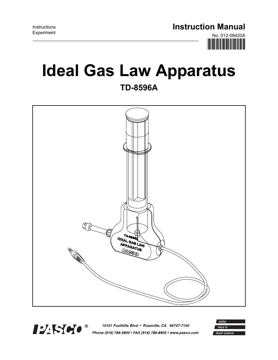 PASCO TD-8596A Ideal Gas Law Apparatus User Manual | 12 pages