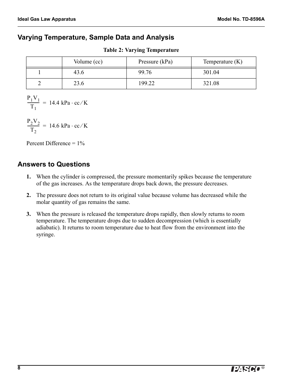Varying temperature, sample data and analysis, Answers to questions | PASCO TD-8596A Ideal Gas Law Apparatus User Manual | Page 10 / 12