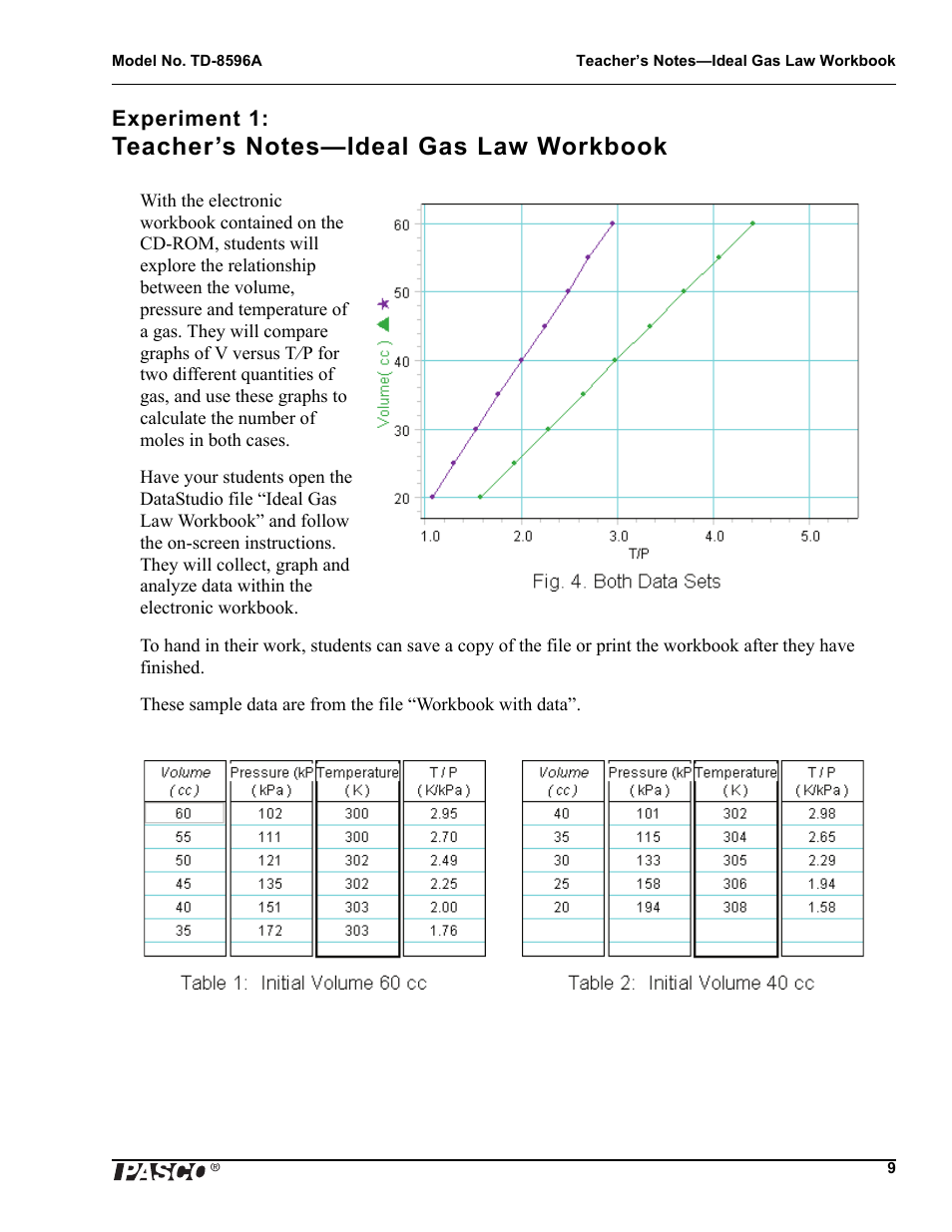 Experiment 1, Teacher’s notes-ideal gas law workbook | PASCO TD-8596A Ideal Gas Law Apparatus User Manual | Page 11 / 12