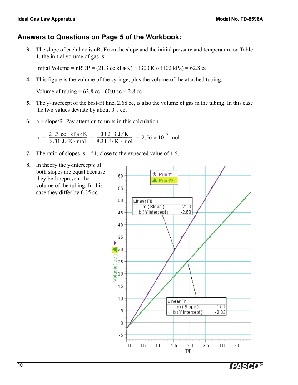 Answers to questions on page 5 of the workbook | PASCO TD-8596A Ideal Gas Law Apparatus User Manual | Page 12 / 12