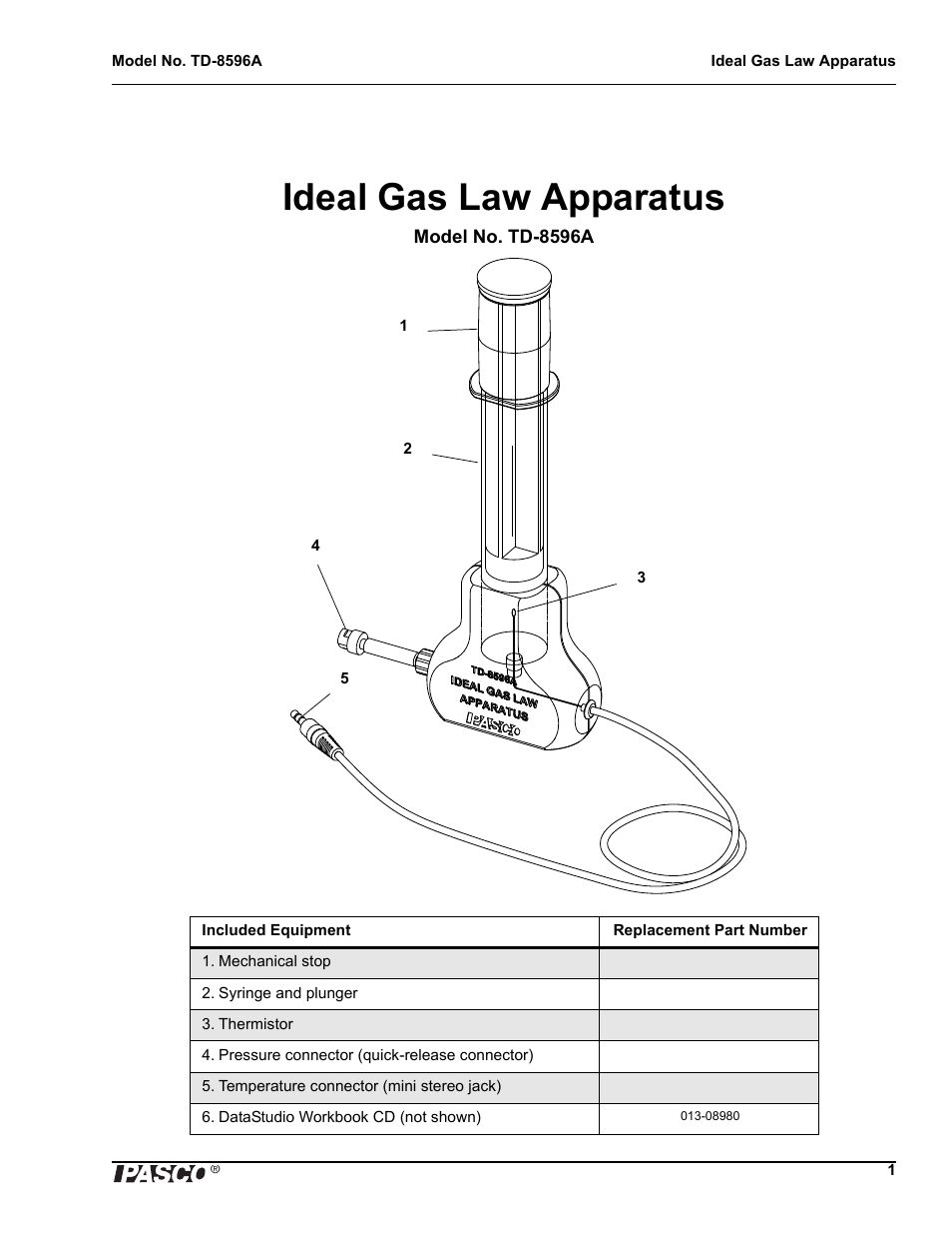 Ideal gas law apparatus | PASCO TD-8596A Ideal Gas Law Apparatus User Manual | Page 3 / 12