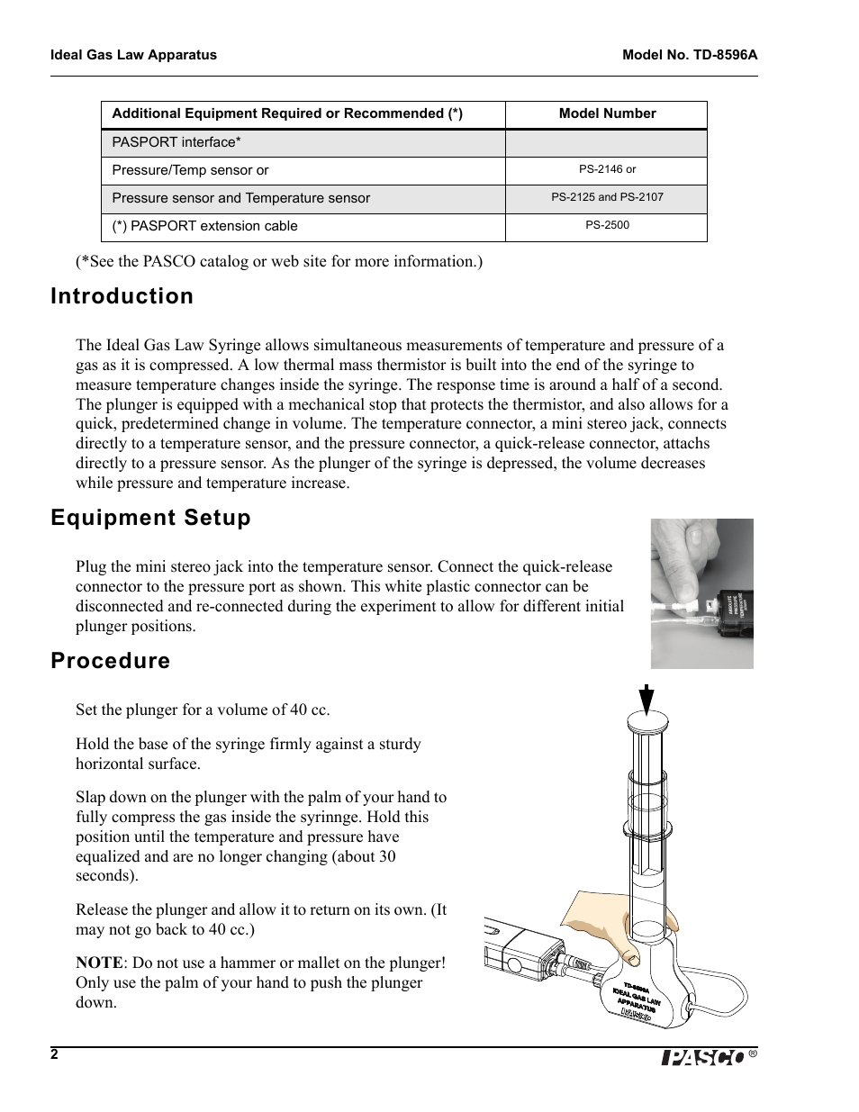 Introduction, Equipment setup, Procedure | PASCO TD-8596A Ideal Gas Law Apparatus User Manual | Page 4 / 12
