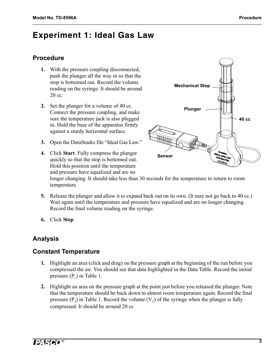 Experiment 1: ideal gas law, Procedure, Analysis constant temperature | PASCO TD-8596A Ideal Gas Law Apparatus User Manual | Page 5 / 12