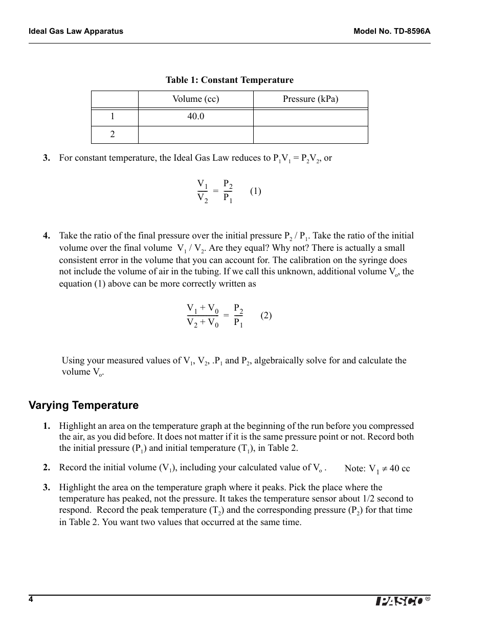 Varying temperature | PASCO TD-8596A Ideal Gas Law Apparatus User Manual | Page 6 / 12