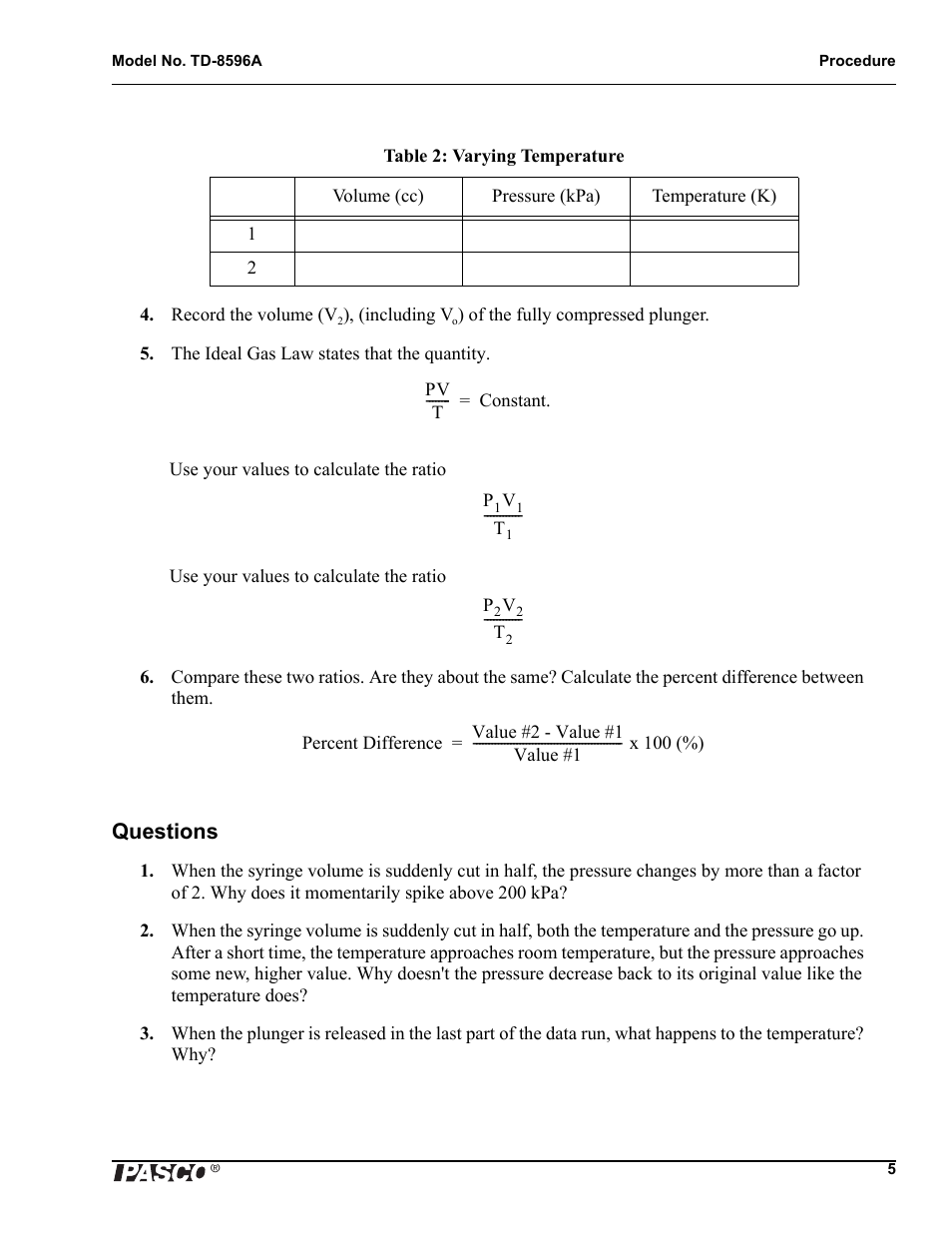 Questions | PASCO TD-8596A Ideal Gas Law Apparatus User Manual | Page 7 / 12
