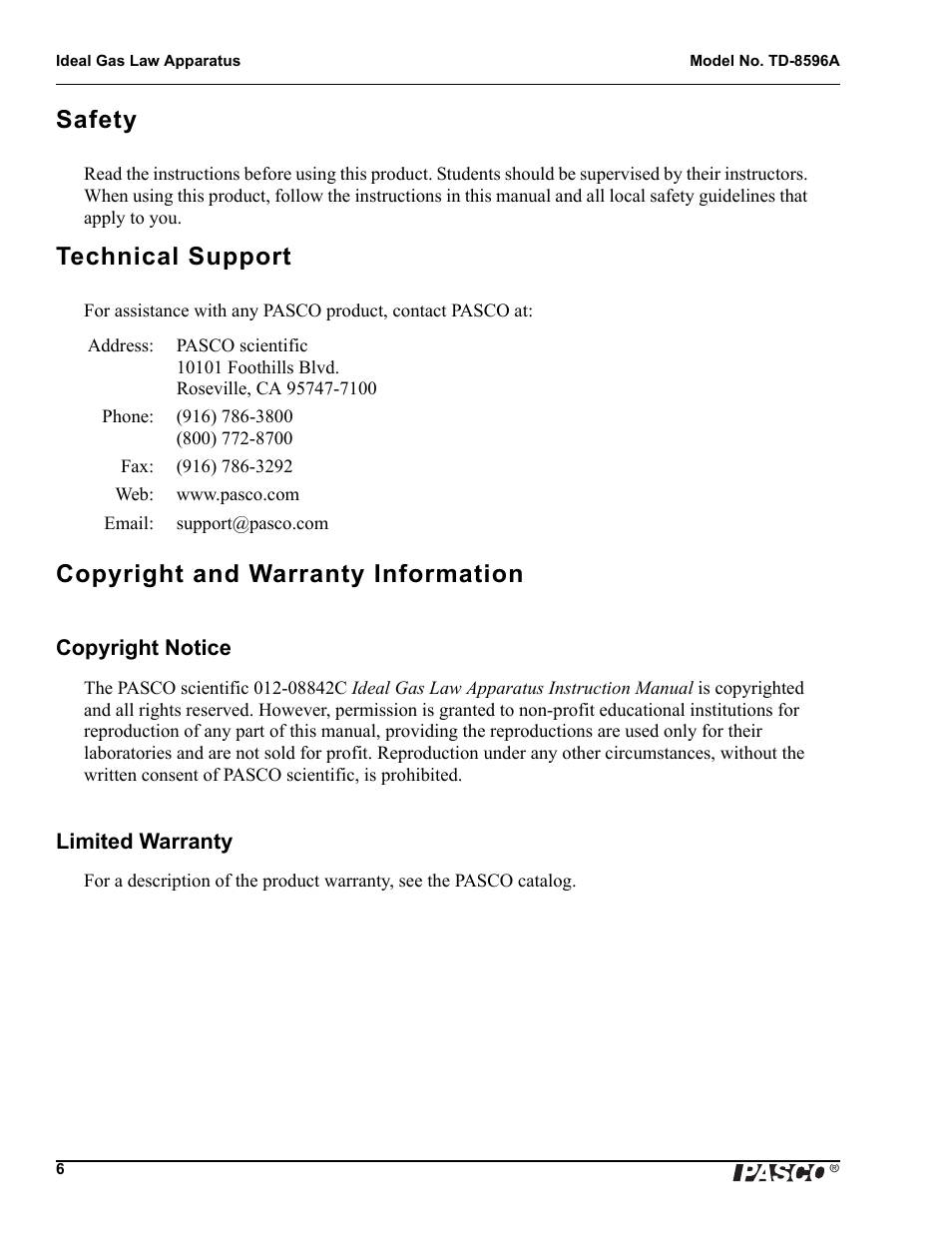 Safety, Technical support, Copyright and warranty information | PASCO TD-8596A Ideal Gas Law Apparatus User Manual | Page 8 / 12