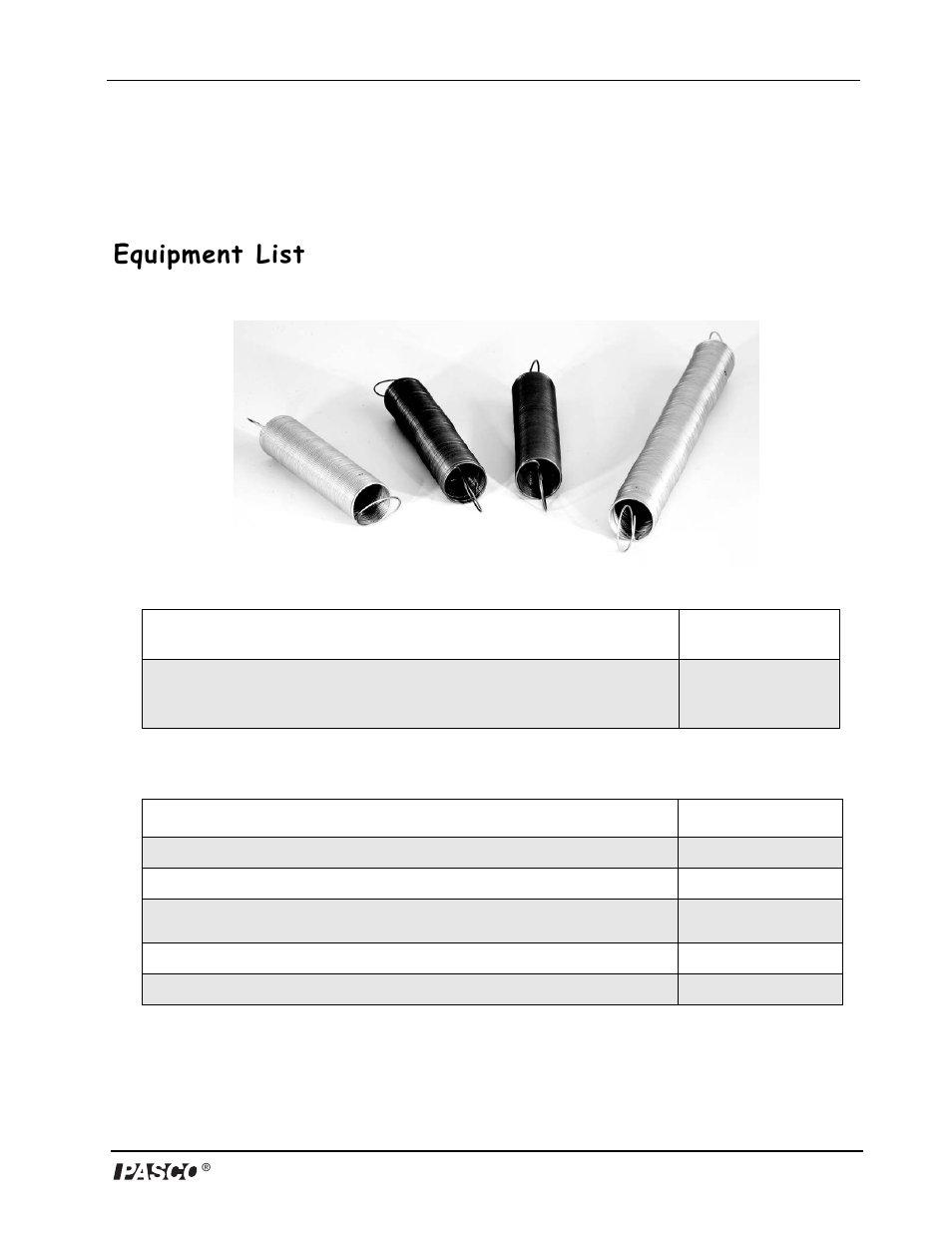 Demonstration spring set, Equipment list | PASCO ME-9866 Demonstration Spring Set User Manual | Page 3 / 6