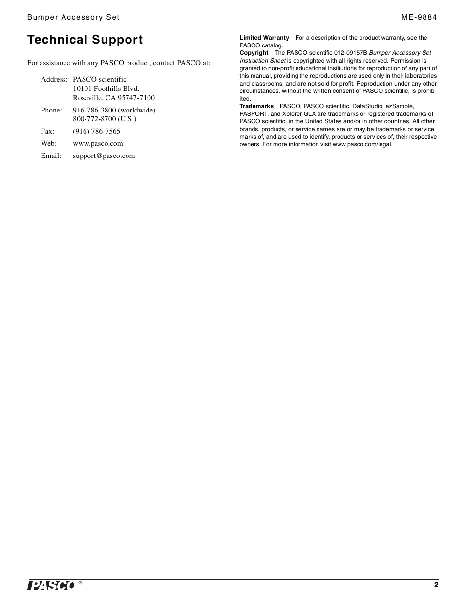 Technical support | PASCO ME-9884 Bumper Accessory Set User Manual | Page 2 / 2