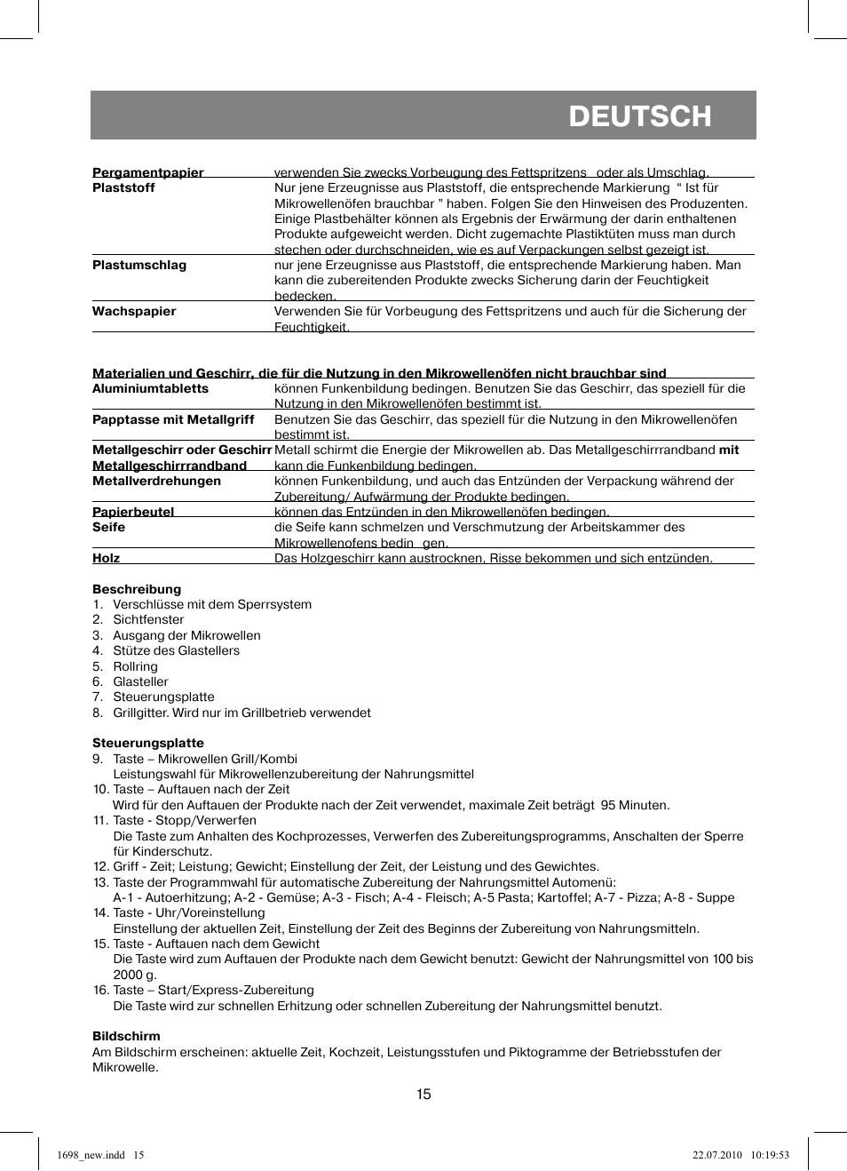 Deutsch | Vitek VT-1698 User Manual | Page 15 / 92